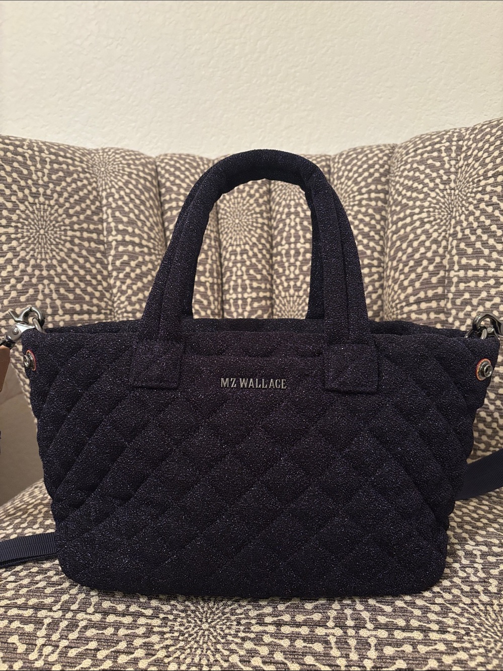 MZ Wallace Midnight Shimmer Small Metro City Tote Bag Navy Like New